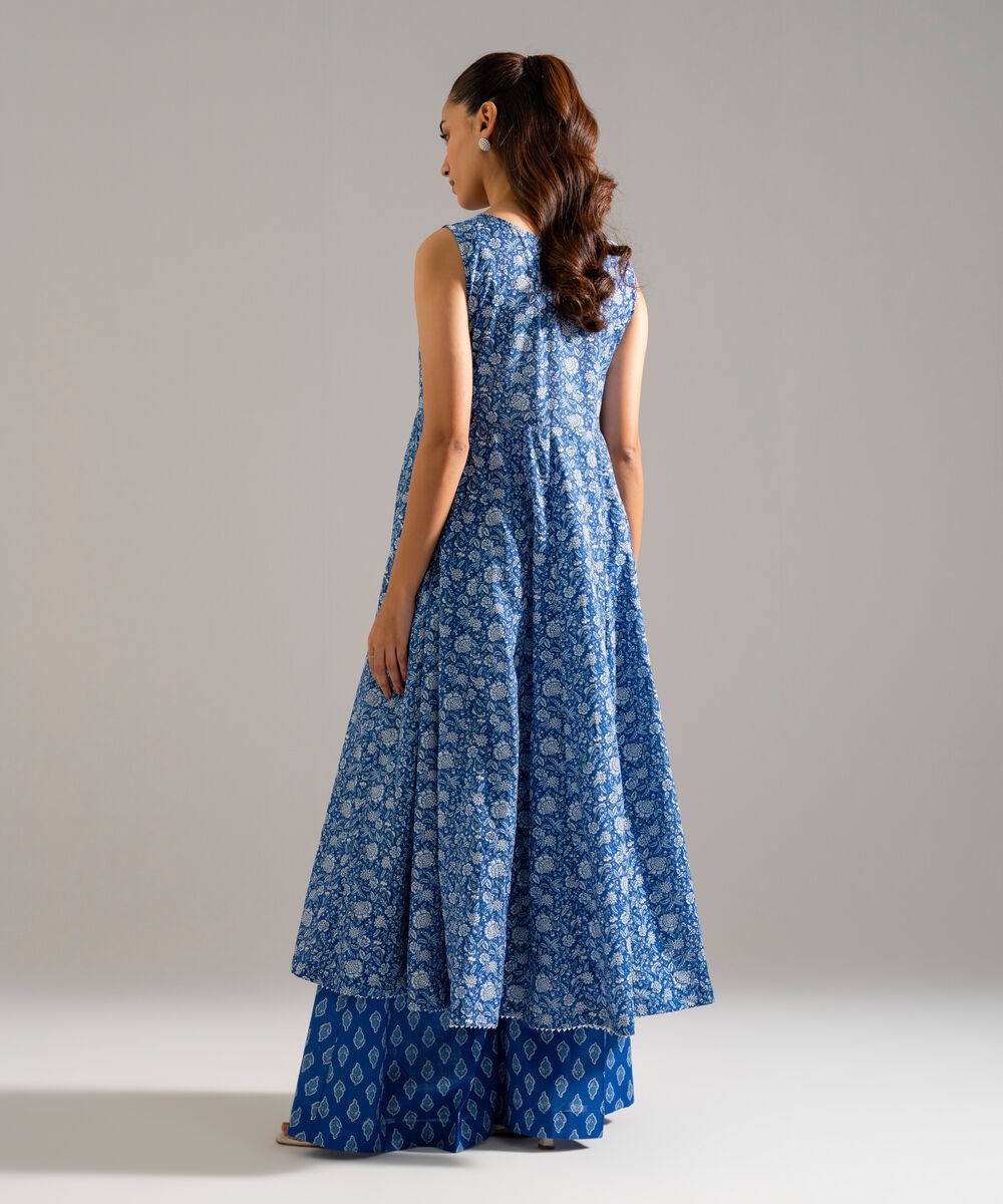 Women's RTW Slub Lawn Printed Blue Peshwas