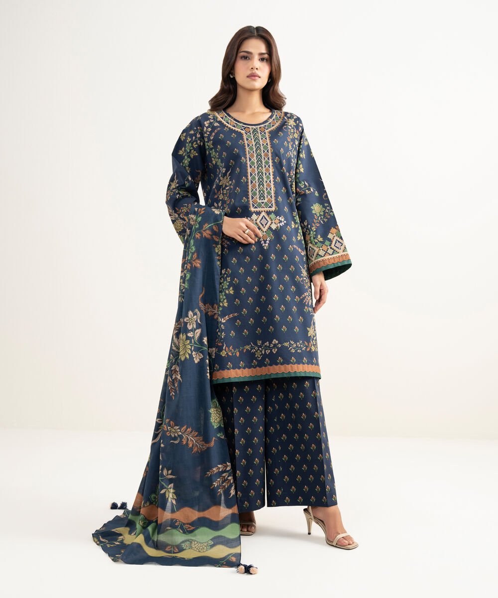 Women's Unstitched Lawn Embroidered Blue 3 Piece Suit