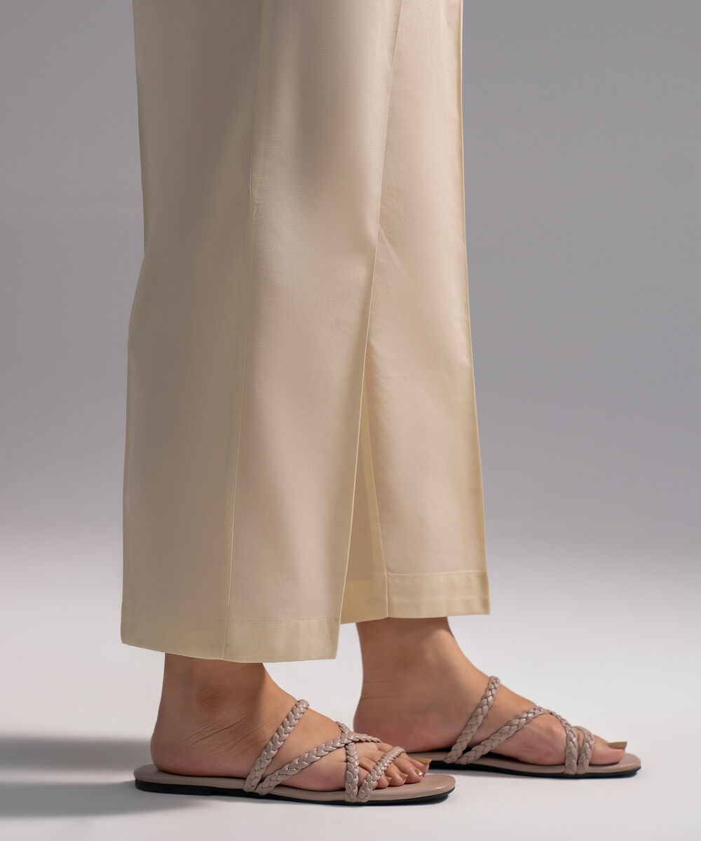 Women's RTW Cambric Solid Off White Straight Pants