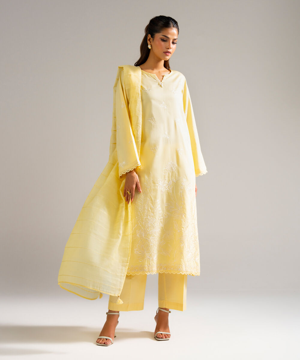 Women's RTW Cotton Satin Embroidered Yellow 3 Piece Suit