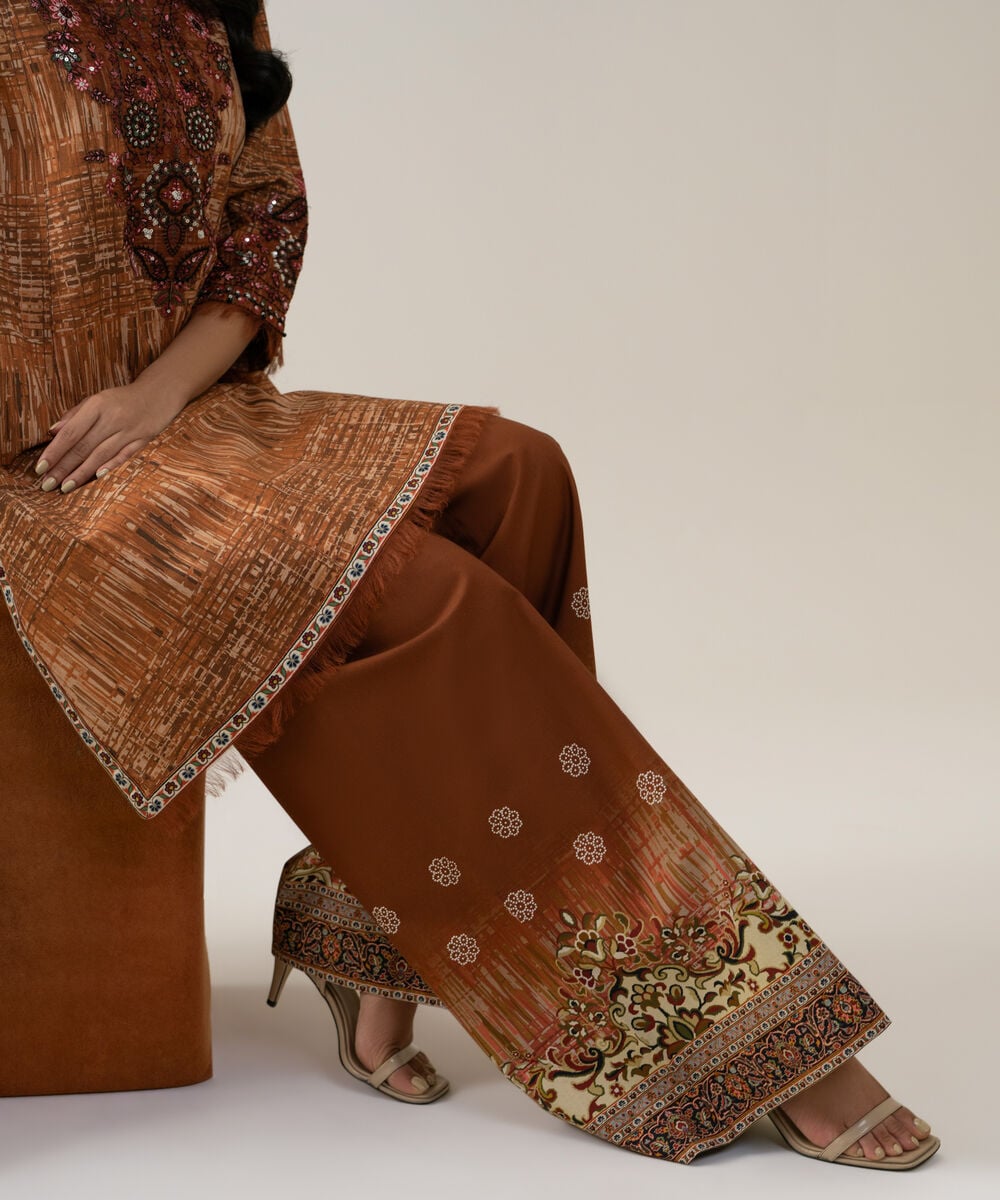 Women's Unstitched Blended Chiffon Printed Rust Brown 3 Piece Suit