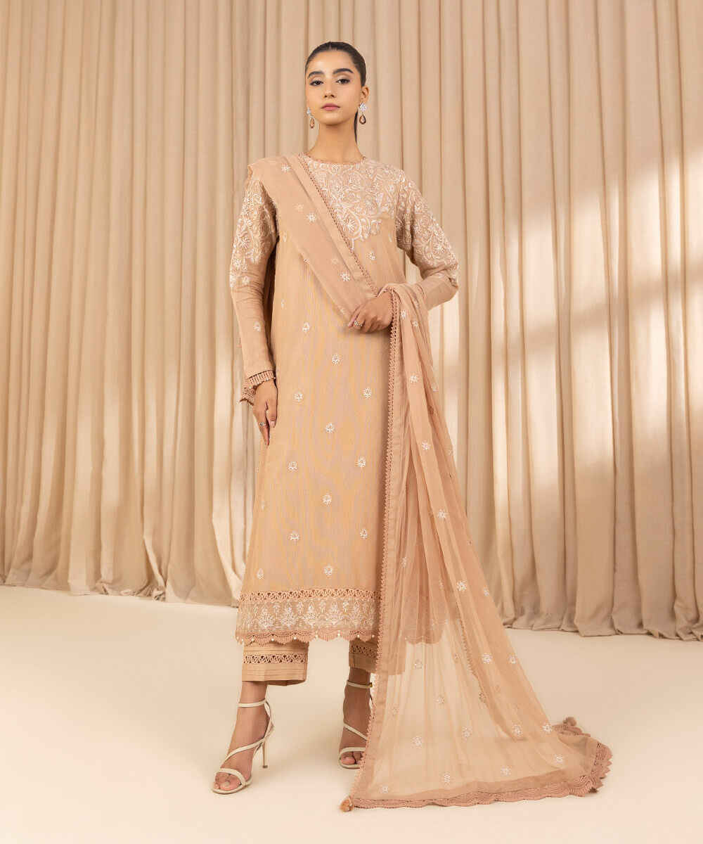 Unstitched Women's Embroidered Blended Khaddi Net Beige Three Piece Suit