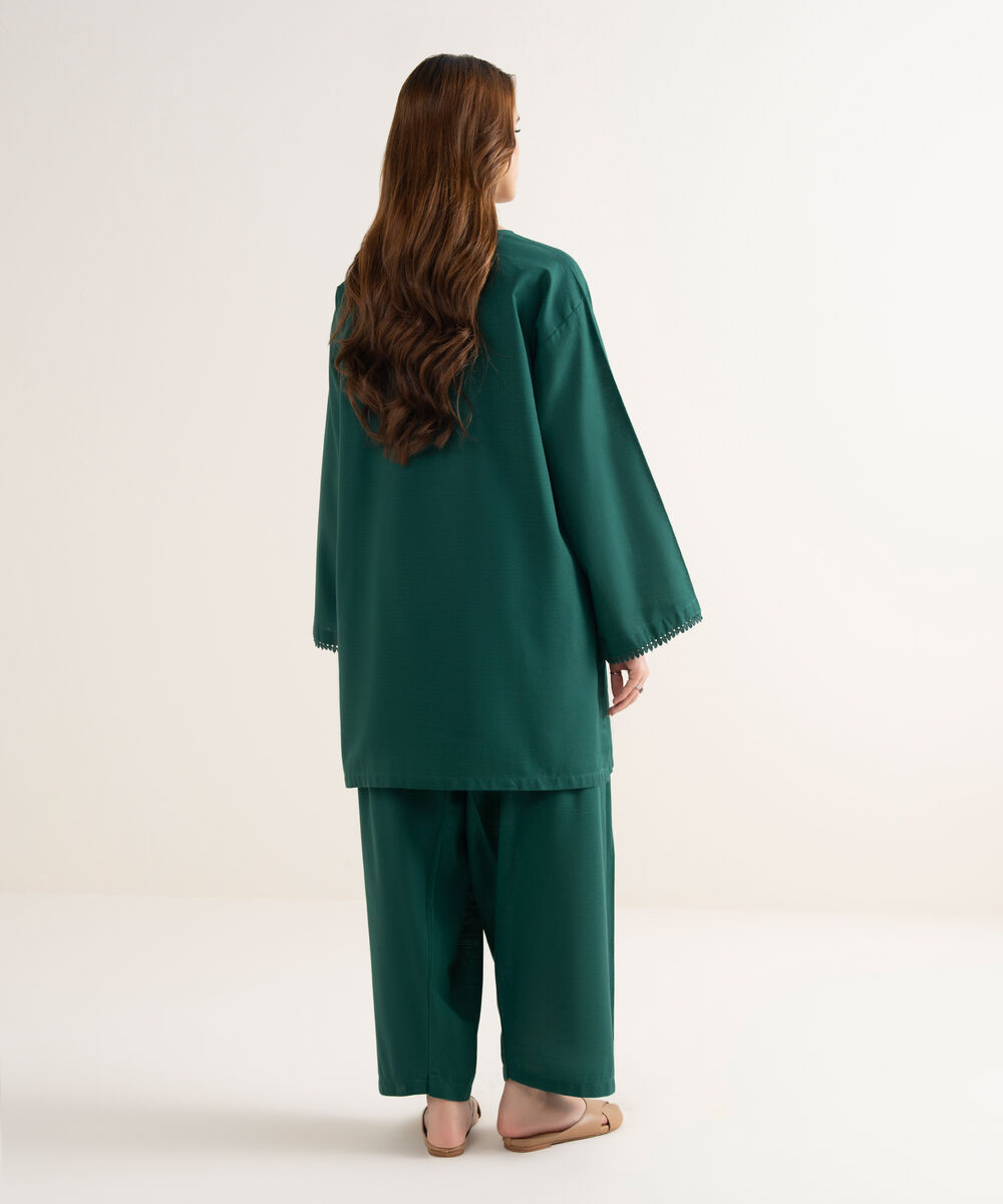 Women's RTW Textured Cotton Solid Boxy Green Shirt