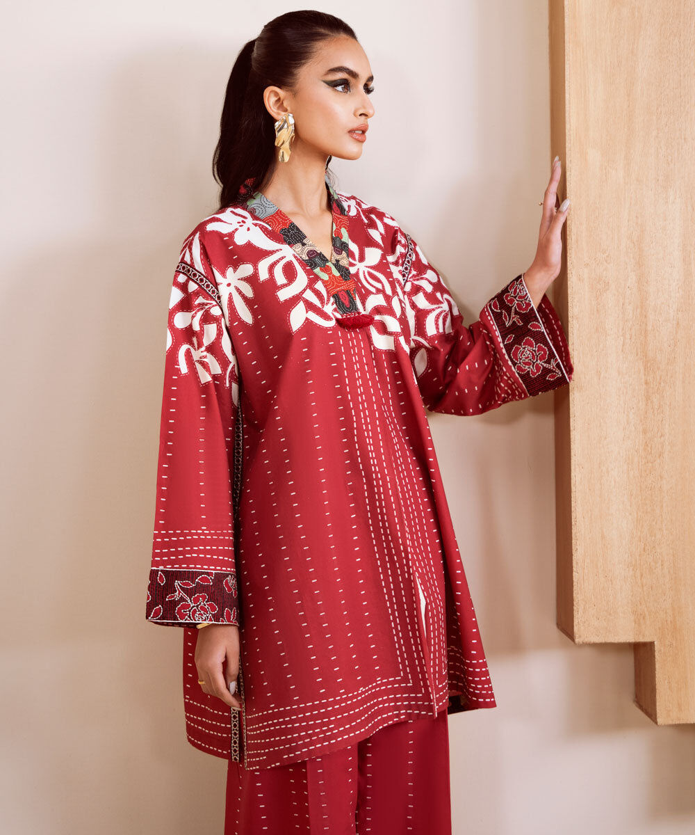 Woman - Red Embroidered Cambric Shirt