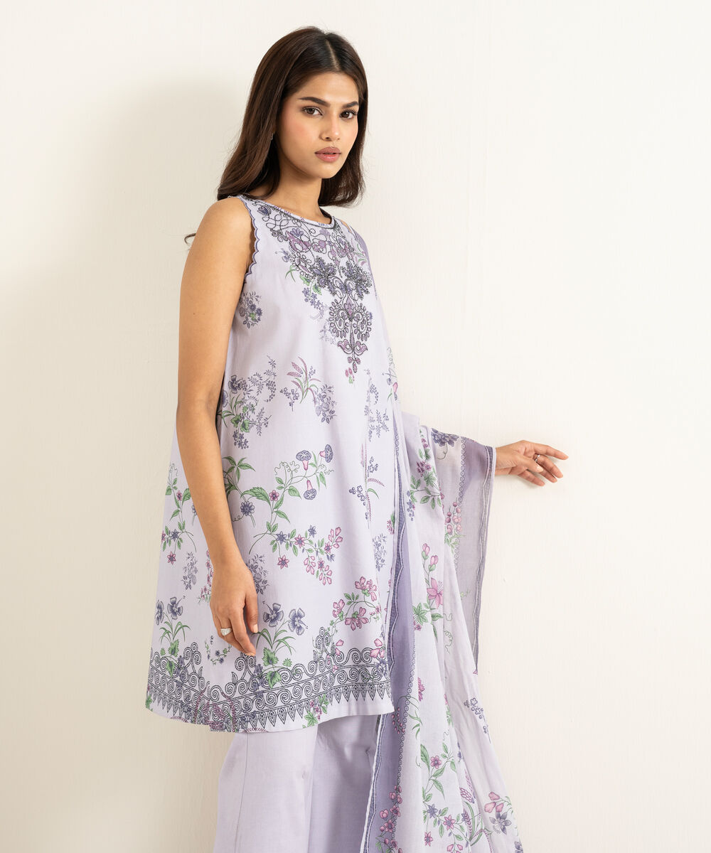 Women's Unstitched Lawn Embroidered Lilac 3 Piece Suit