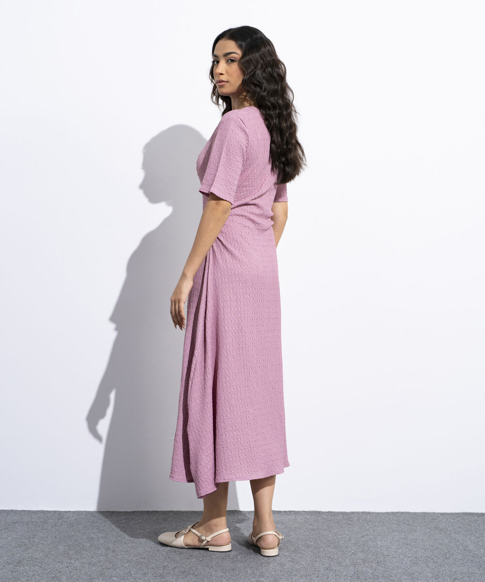 Women's Pink Cinched Waist Textured Dress