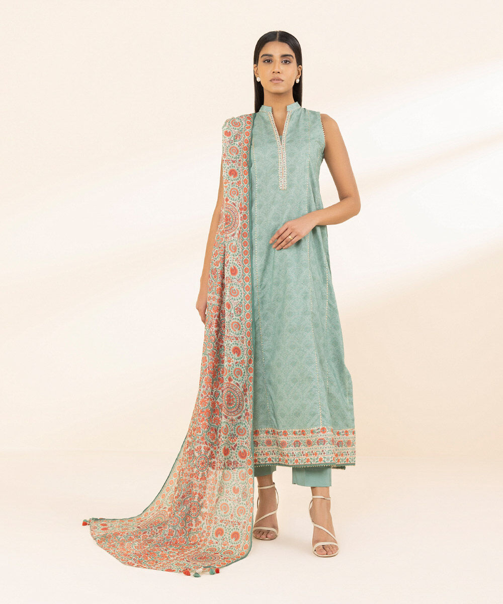 Women's Unstitched Printed Khaddar Blue 3 Piece Suit
