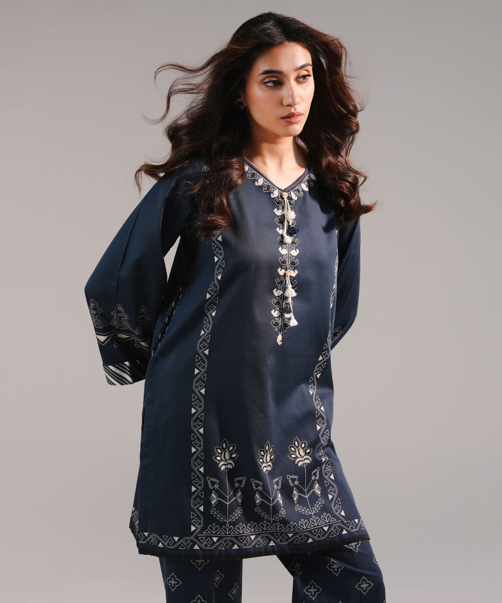 Women's RTW Cotton Satin Printed Dark Blue Straight Shirt