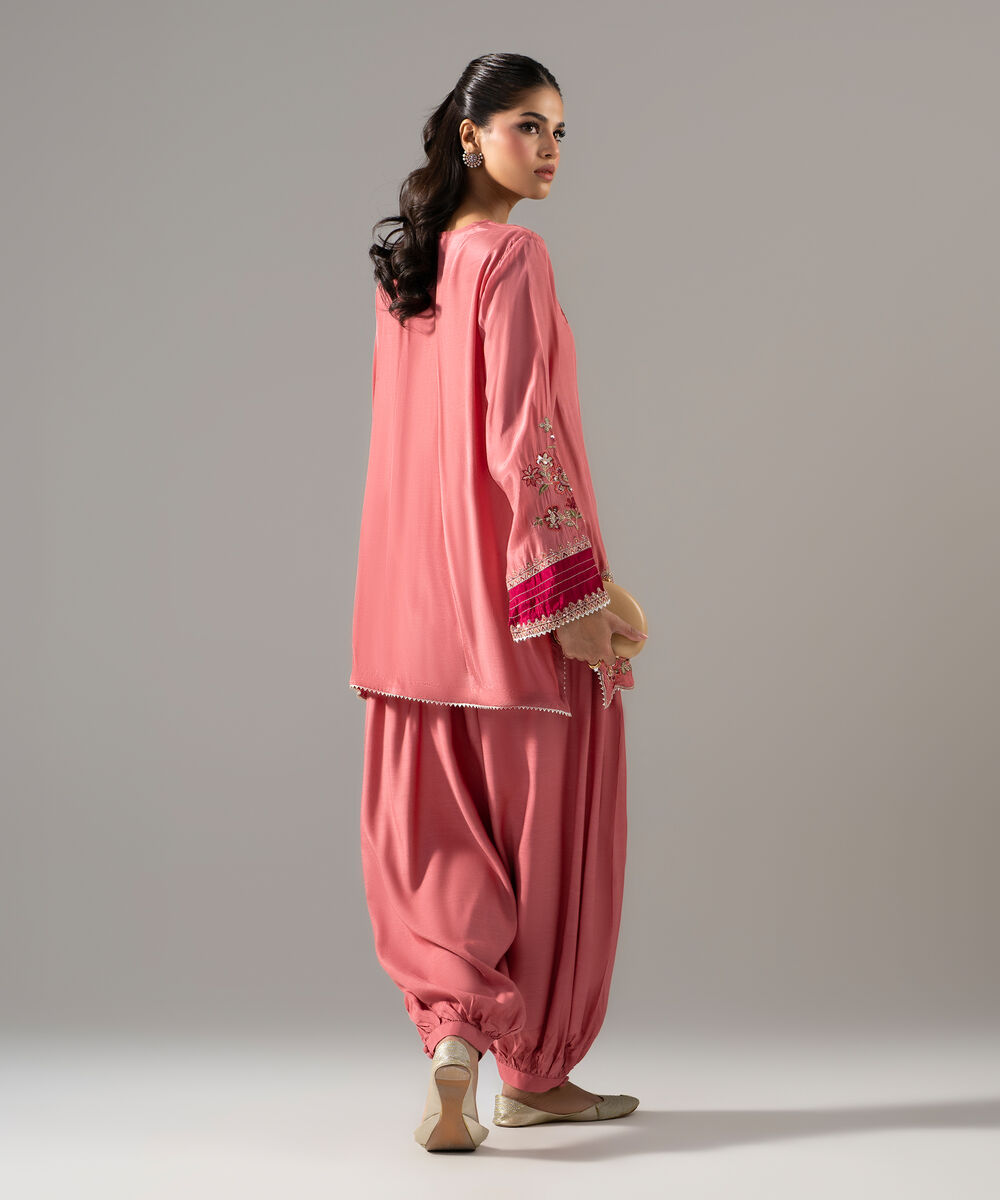 Women's RTW Thai Silk Solid Embroidered Pink 2 Piece Suit