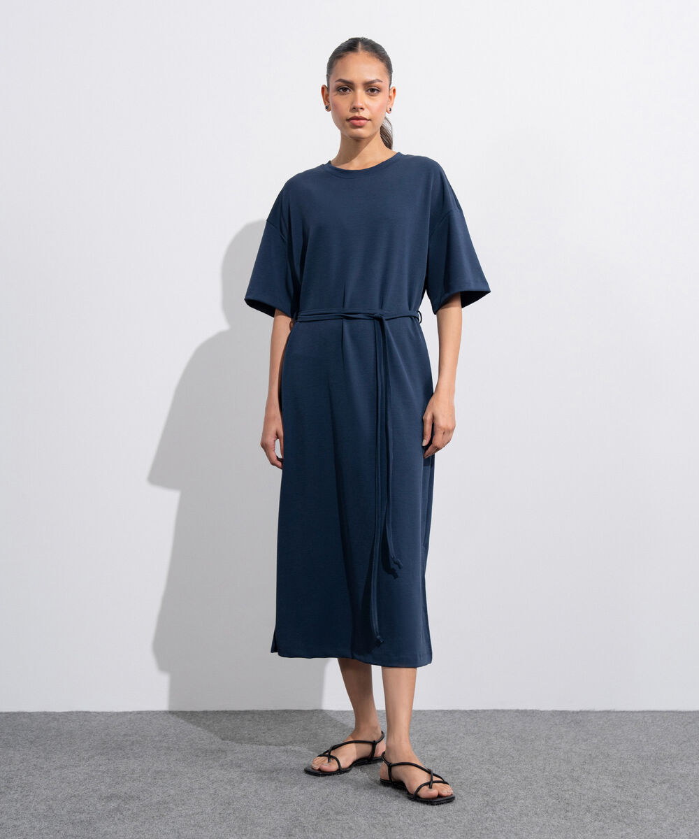 Women's Western Navy Blue Soft Lux  T-Shirt Dress With Belt