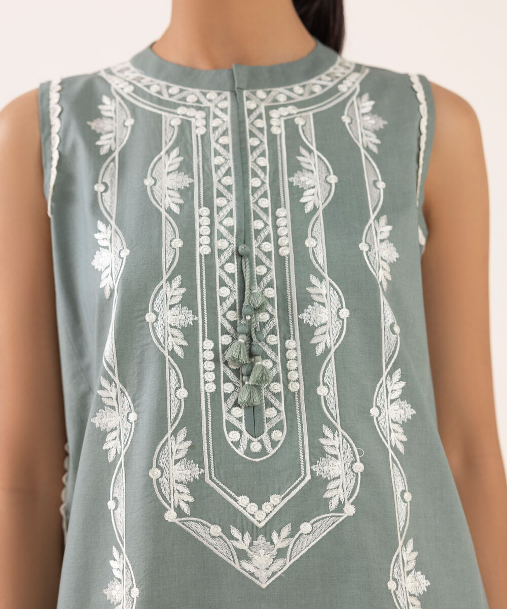 Women's Unstitched Cotton Embroidered Green Two Piece Suit