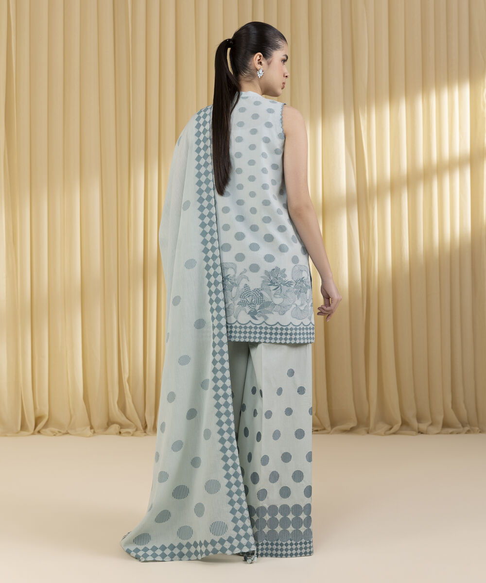 Unstitched Women's Blue Extra Weft Jacquard 3 Piece Suit