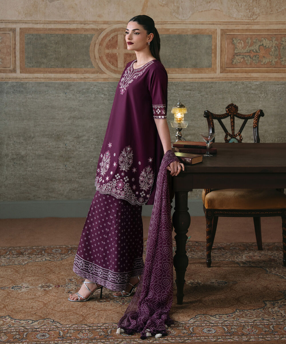 Women's Unstitched Textured Lawn Embroidered Purple 3 Piece Suit