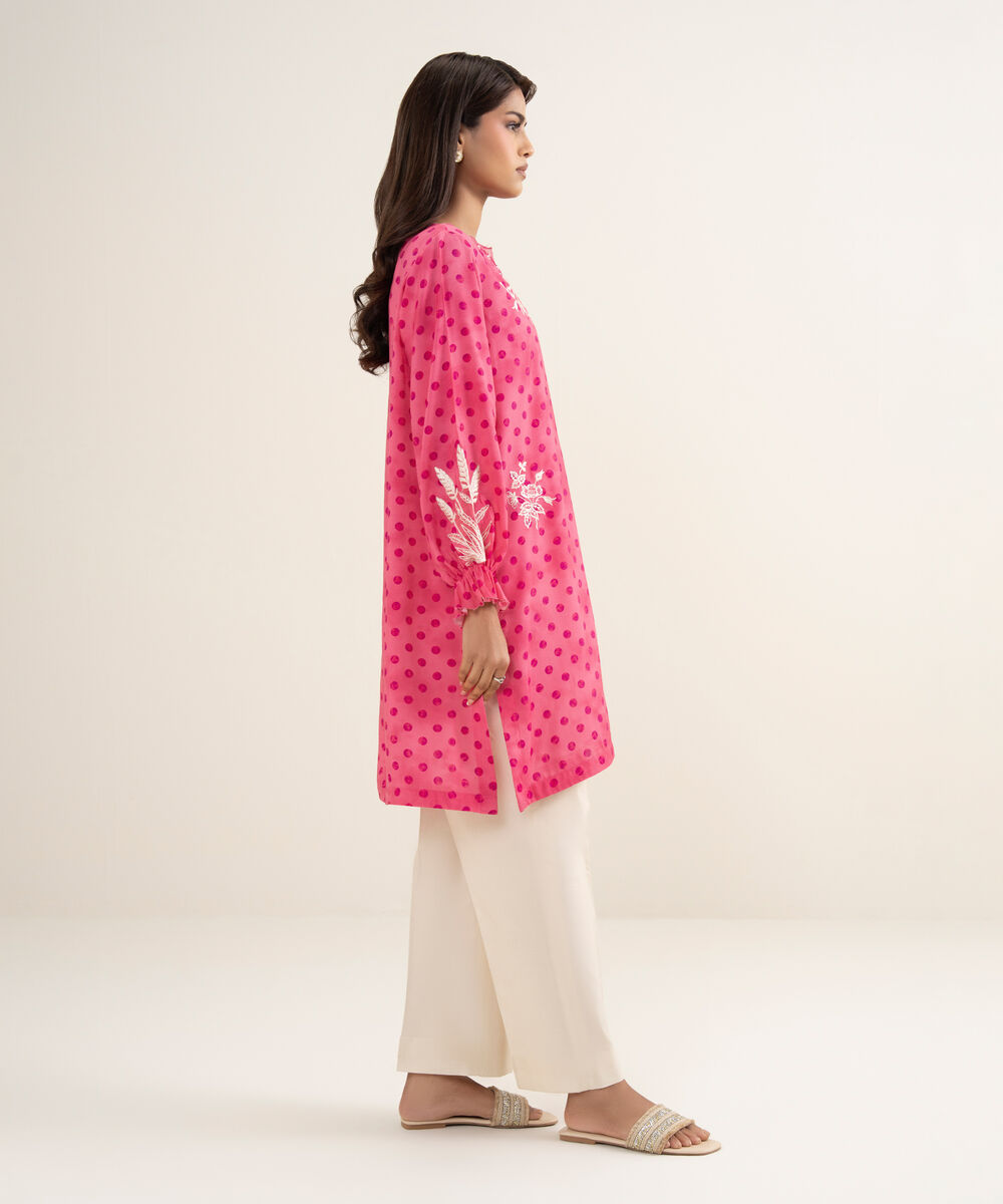 Women's RTW Viscose Raw Silk Embroidered Pink Straight Shirt
