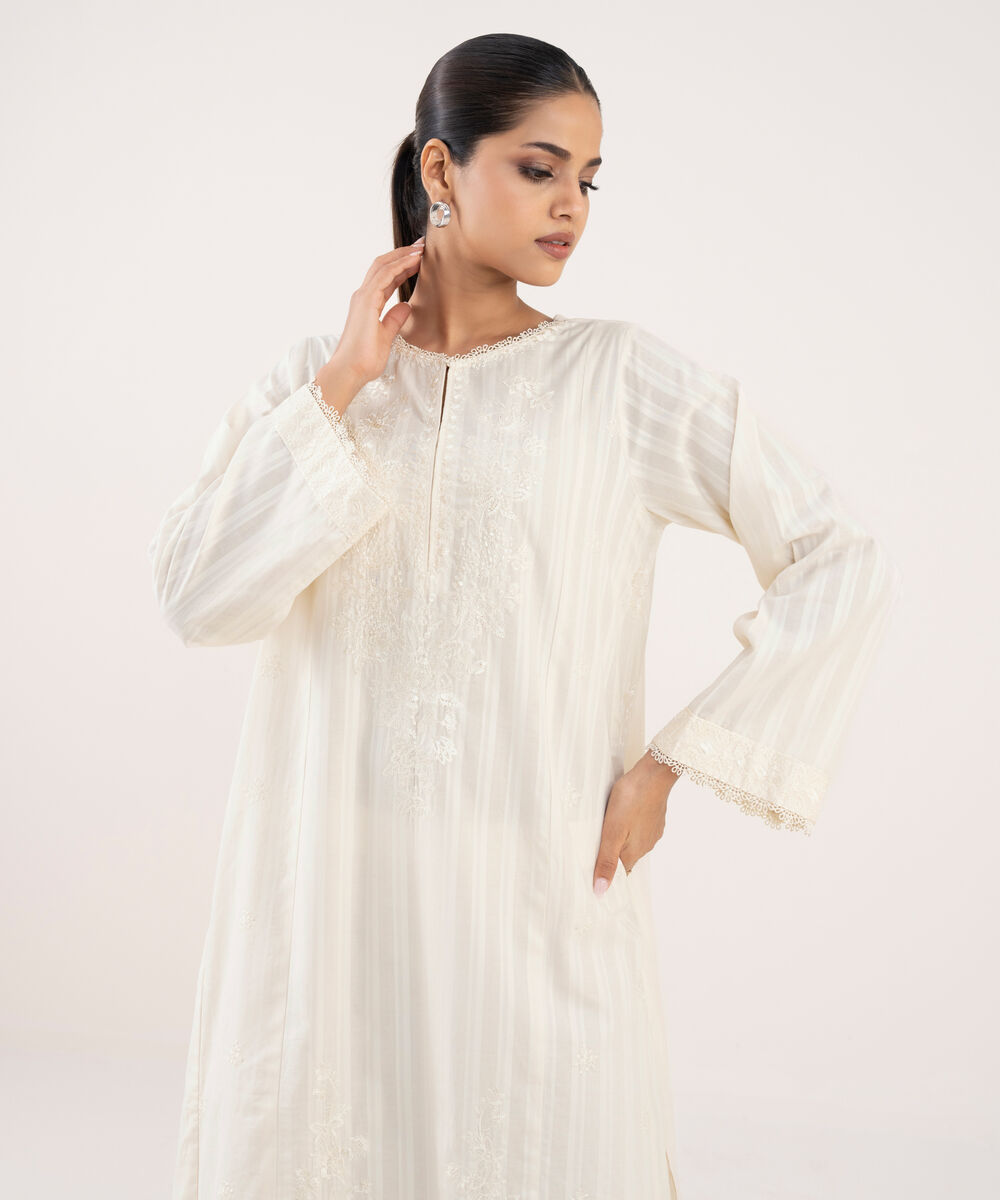 Women's RTW Textured Lawn Off White Embroidered A-Line Shirt