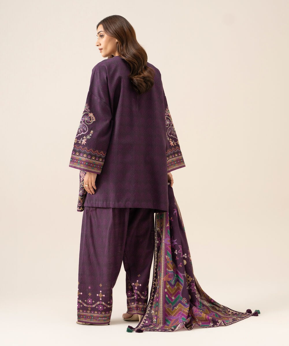Women's Unstitched Light Khaddar Embroidered Plum 3 Piece Suit