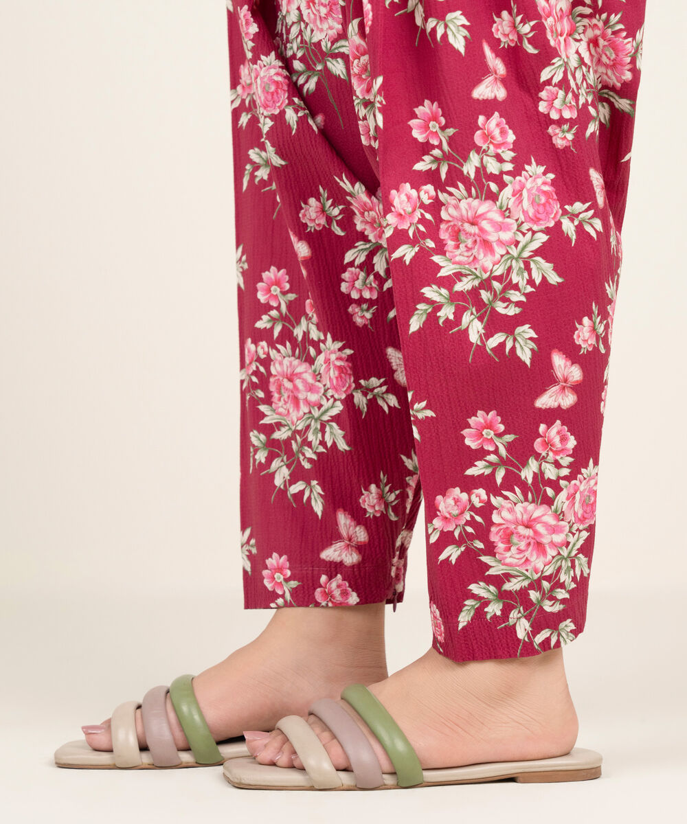Women's RTW Seersucker Printed Dark Pink Skinny Shalwar