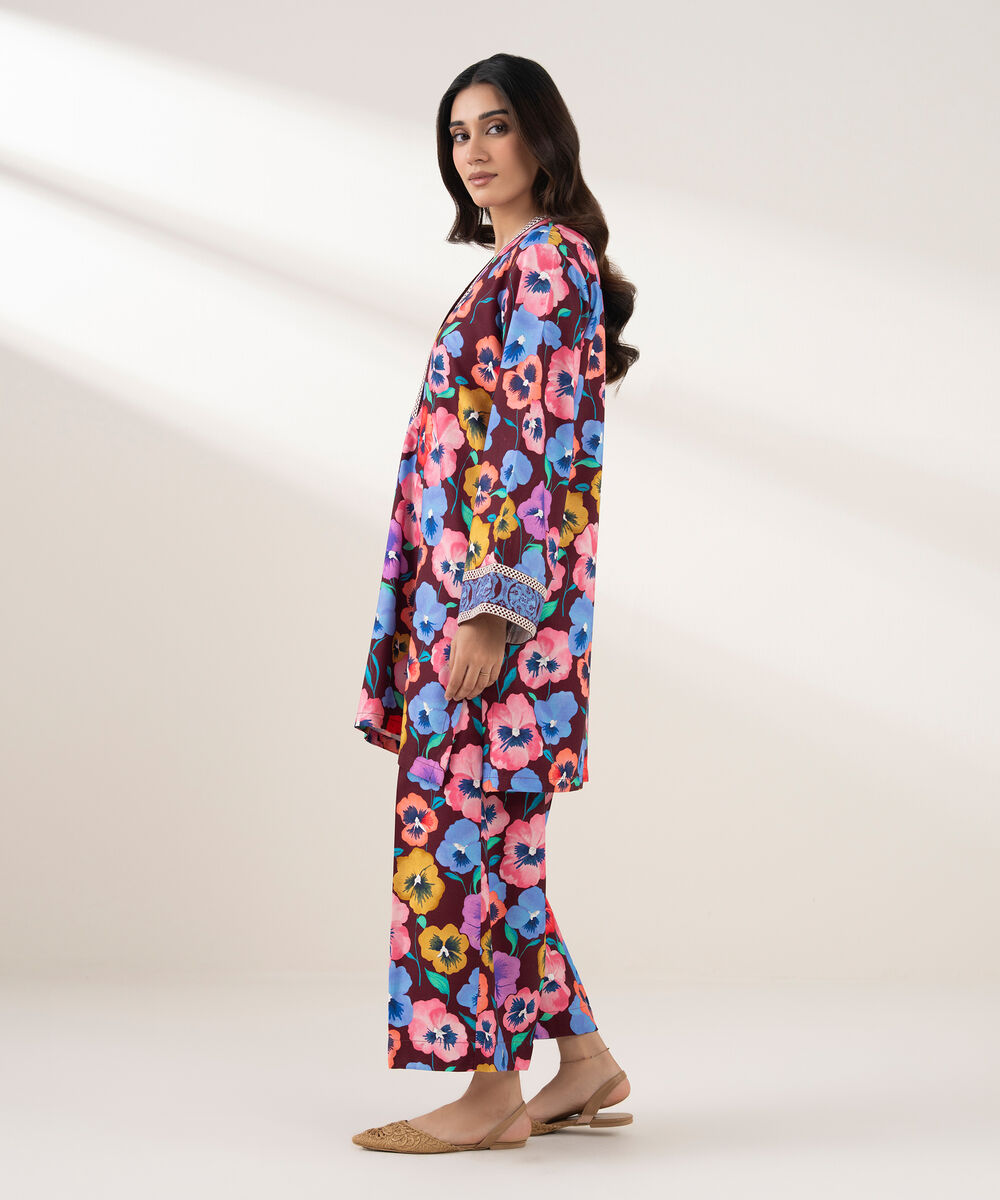 Women's RTW Viscose Linen Embroidered Drop Shoulder Purple Shirt