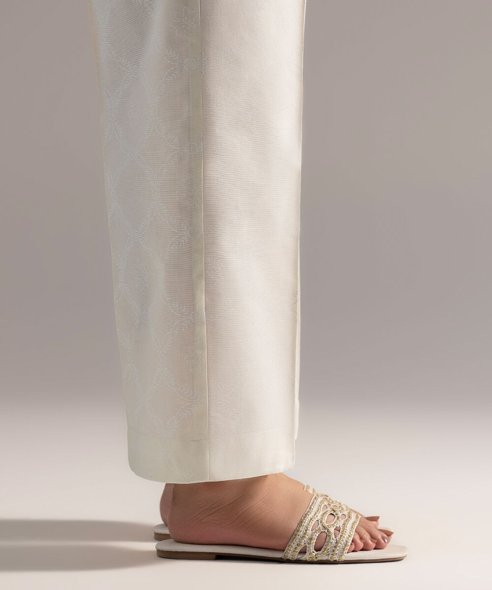 Women's RTW Cambric Printed Off White Straight Pants