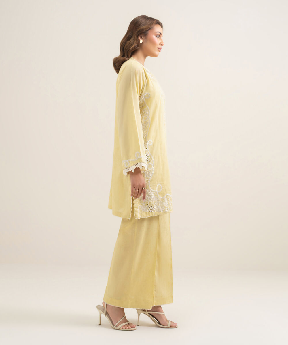 Women's RTW Self Jacquard Embroidered Yellow Straight Shirt