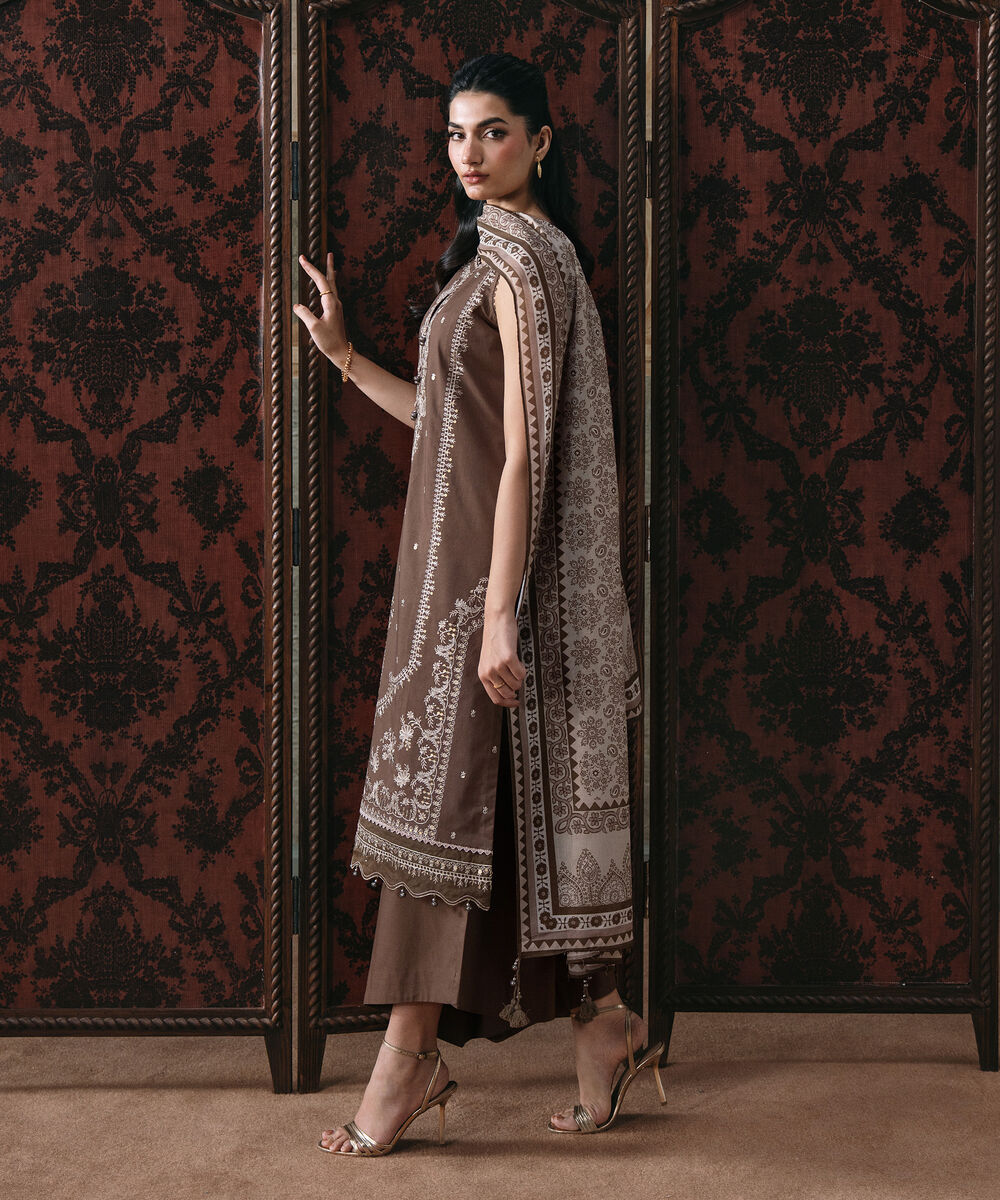 Women's Unstitched Lawn Embroidered Brown 3 Piece Suit