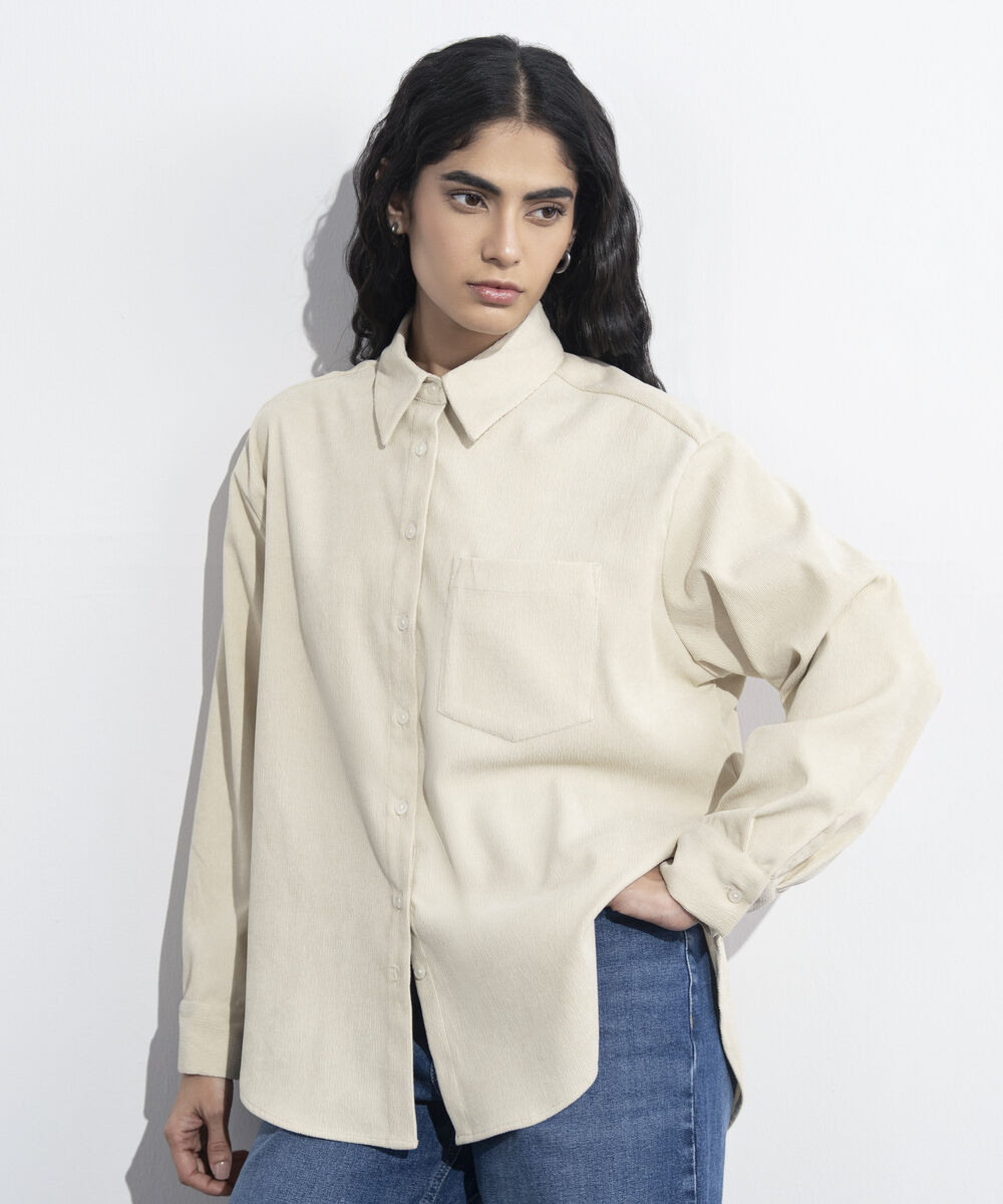 Women's Western Wear Beige Button Through Corduroy Shirt