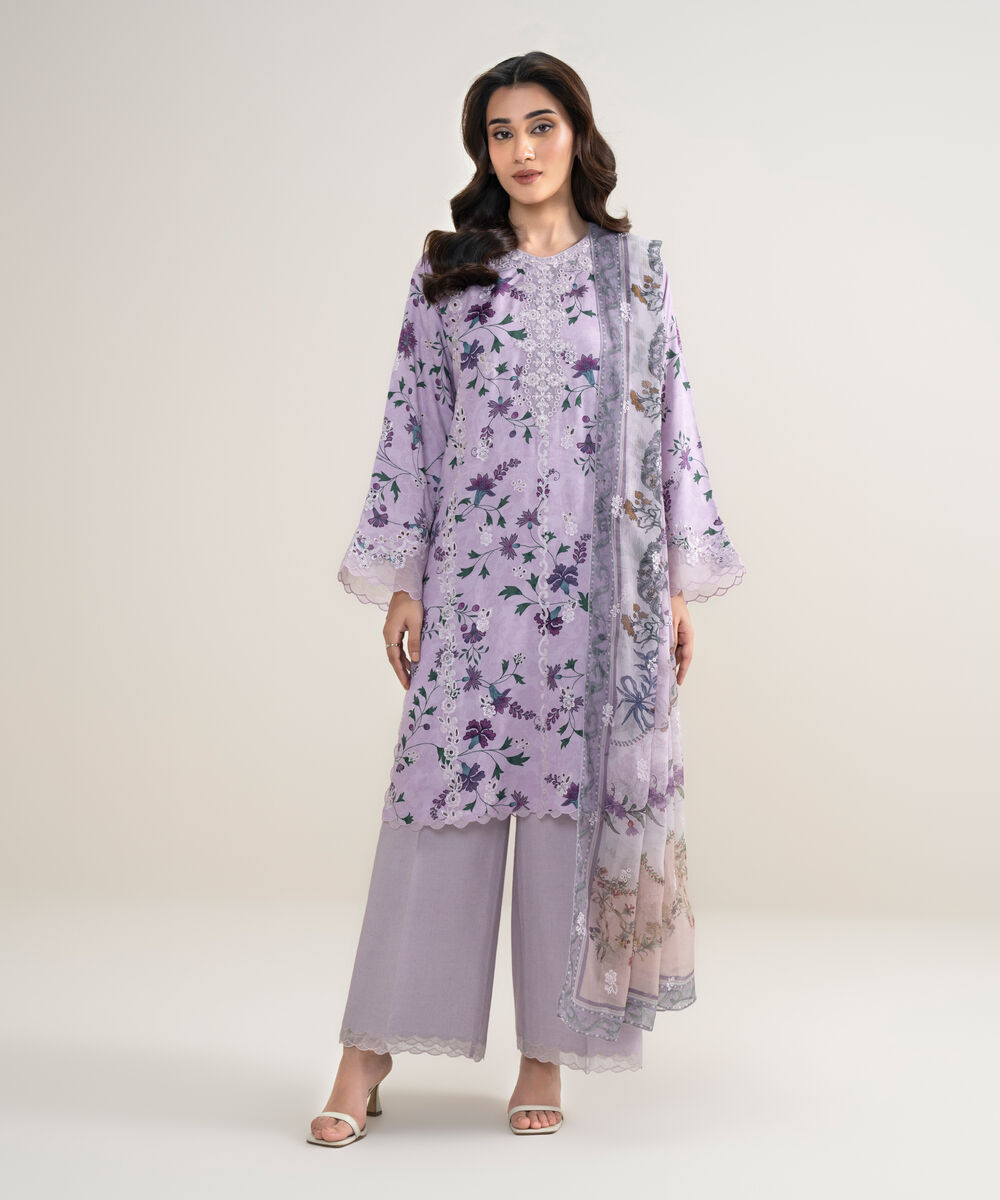 Women's Unstitched Viscose Satin Embroidered Purple 3 Piece Suit