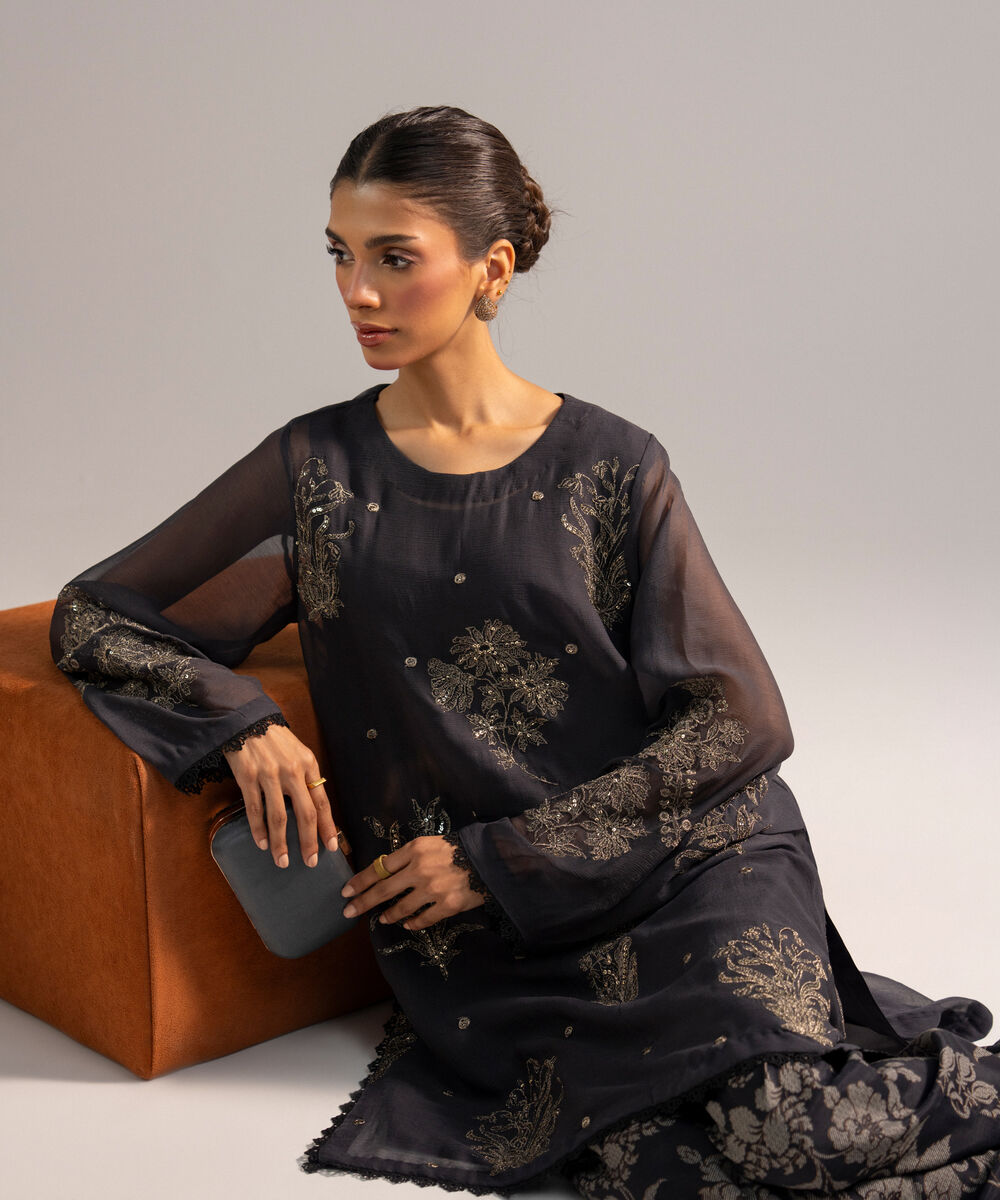 Women's RTW Chiffon Embroidered Black 2 Piece Suit