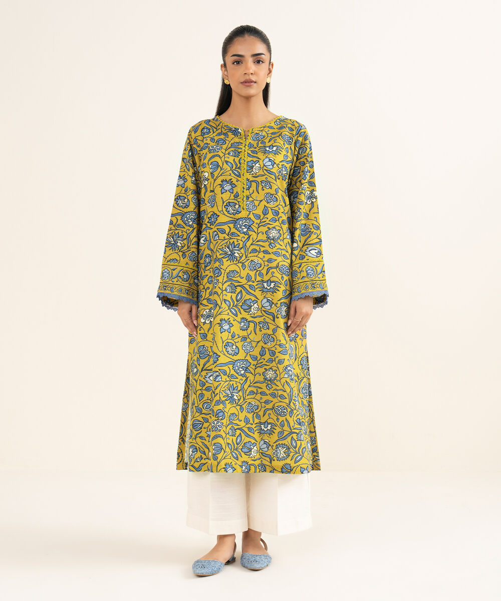 Women's RTW Khaddar Printed Yellow A-Line Shirt