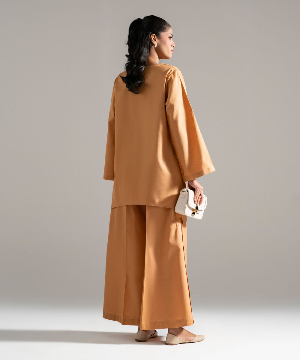 Women's RTW Cotton Linen Solid Orange 2 Piece Suit