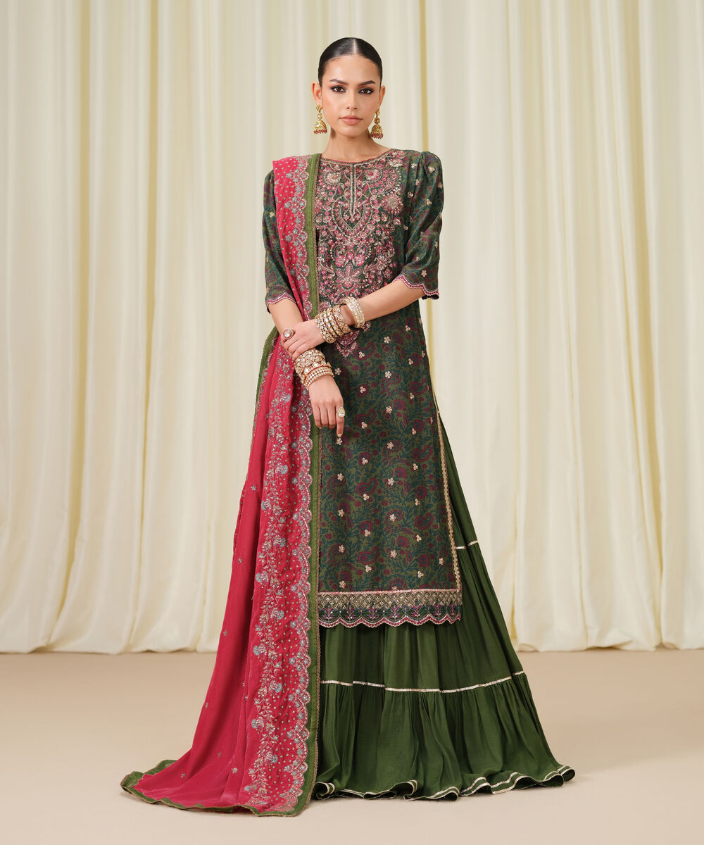 Women's Unstitched Embroidered Viscose Raw Silk Green 3 Piece Suit