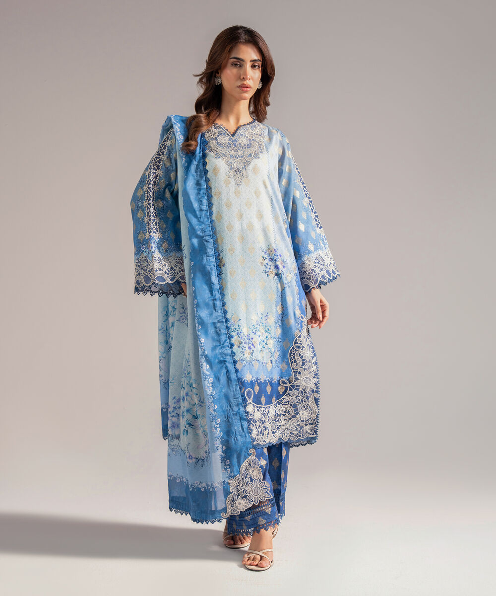 Women's RTW Self Jacquard Embroidered Blue 3 Piece Suit