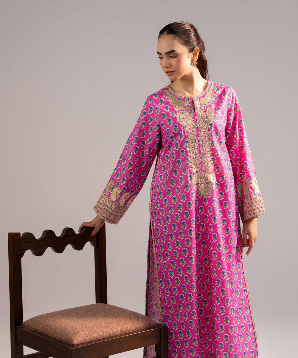 Women's RTW Zari Lawn Embroidered Pink A-Line Shirt