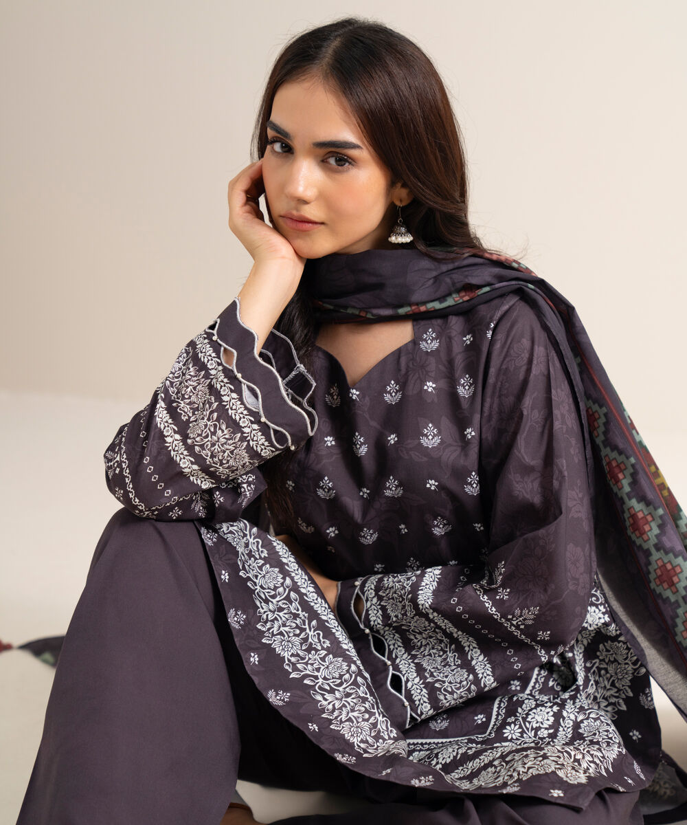 Women's Unstitched Printed Lawn Purple 3 Piece Suit