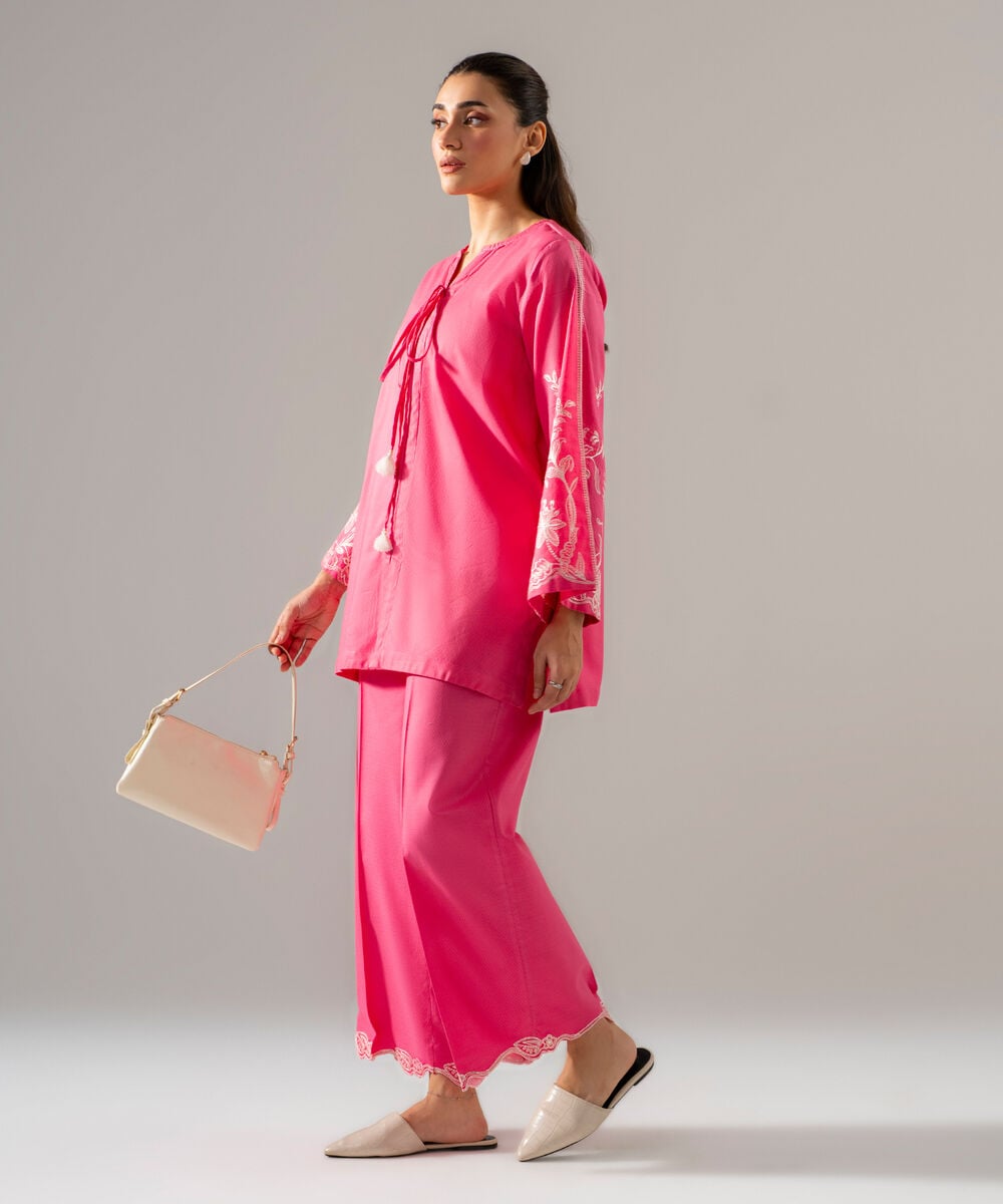 Women's RTW Dobby Solid Embroidered Pink 2 Piece Suit