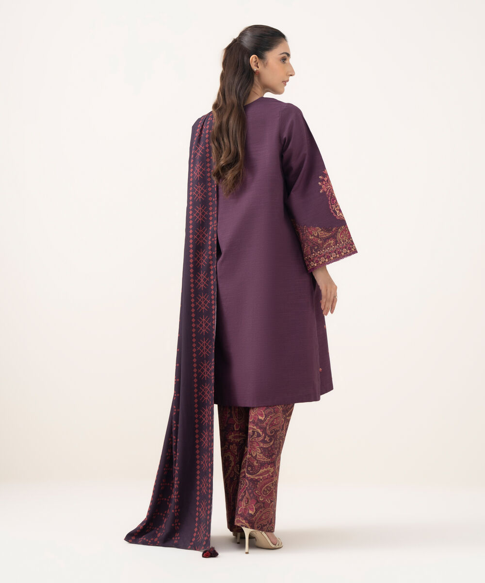 Women's Unstitched Khaddar Embroidered Purple 3 Piece Suit