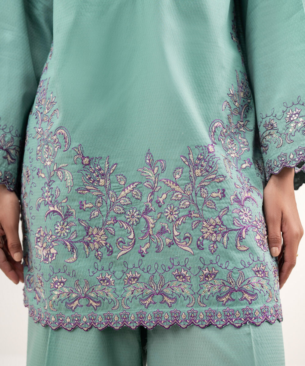 Women's RTW Dobby Embroidered Seafoam Blue 3 Piece Suit