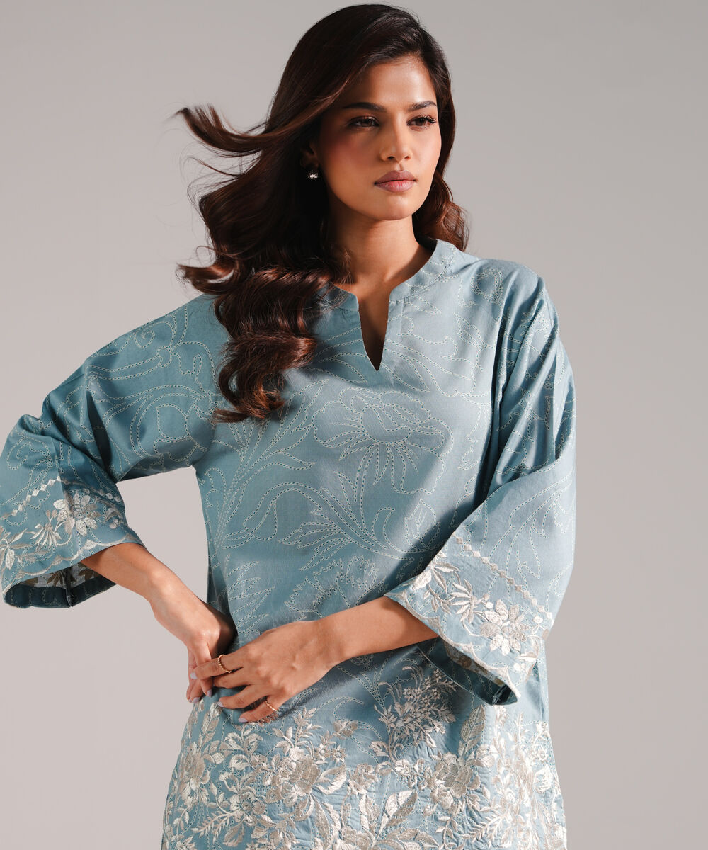 Women's RTW Dobby Embroidered Blue 2 Piece Suit