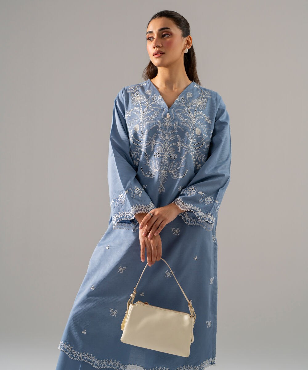 Women's RTW Dobby Solid Embroidered Blue 2 Piece Suit