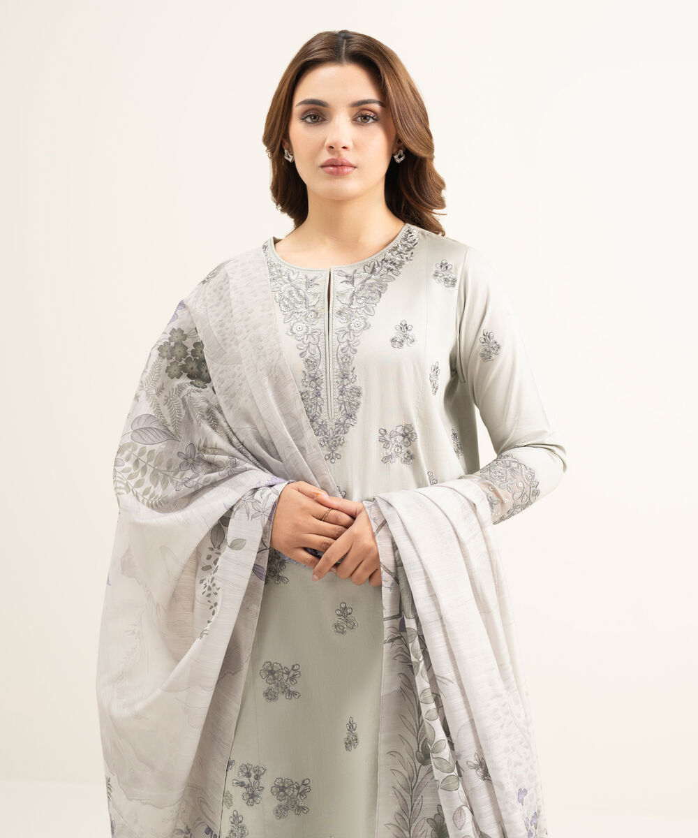 Women's Unstitched Textured Lawn Grey Embroidered 3 Piece Suit
