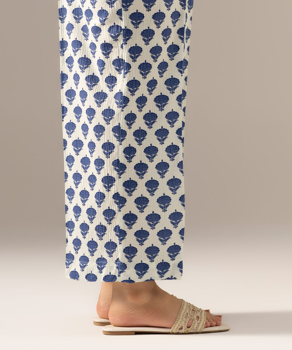 Women's RTW Seersucker Printed Pale White Straight Pants