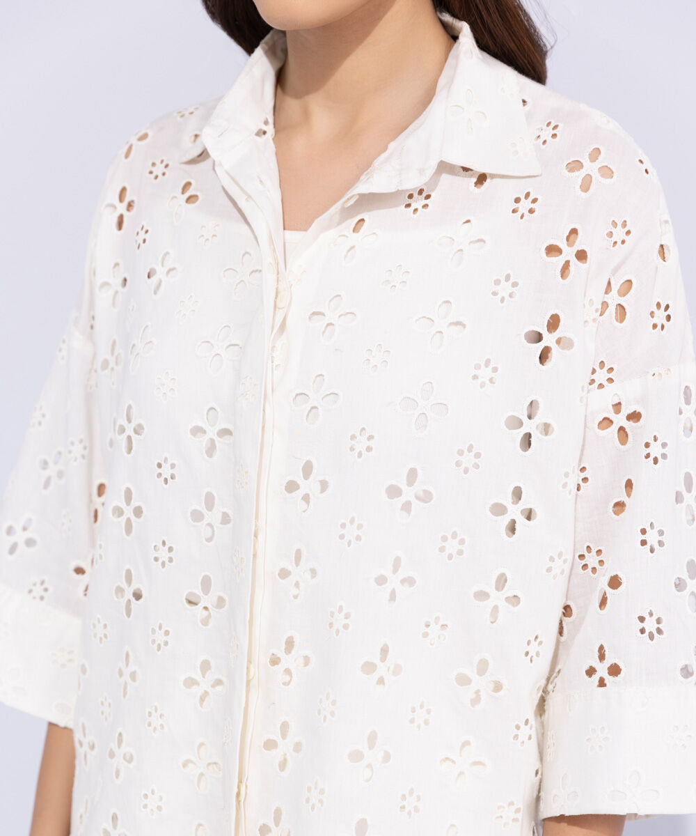 Women's Western Wear White Embroidered Shirt