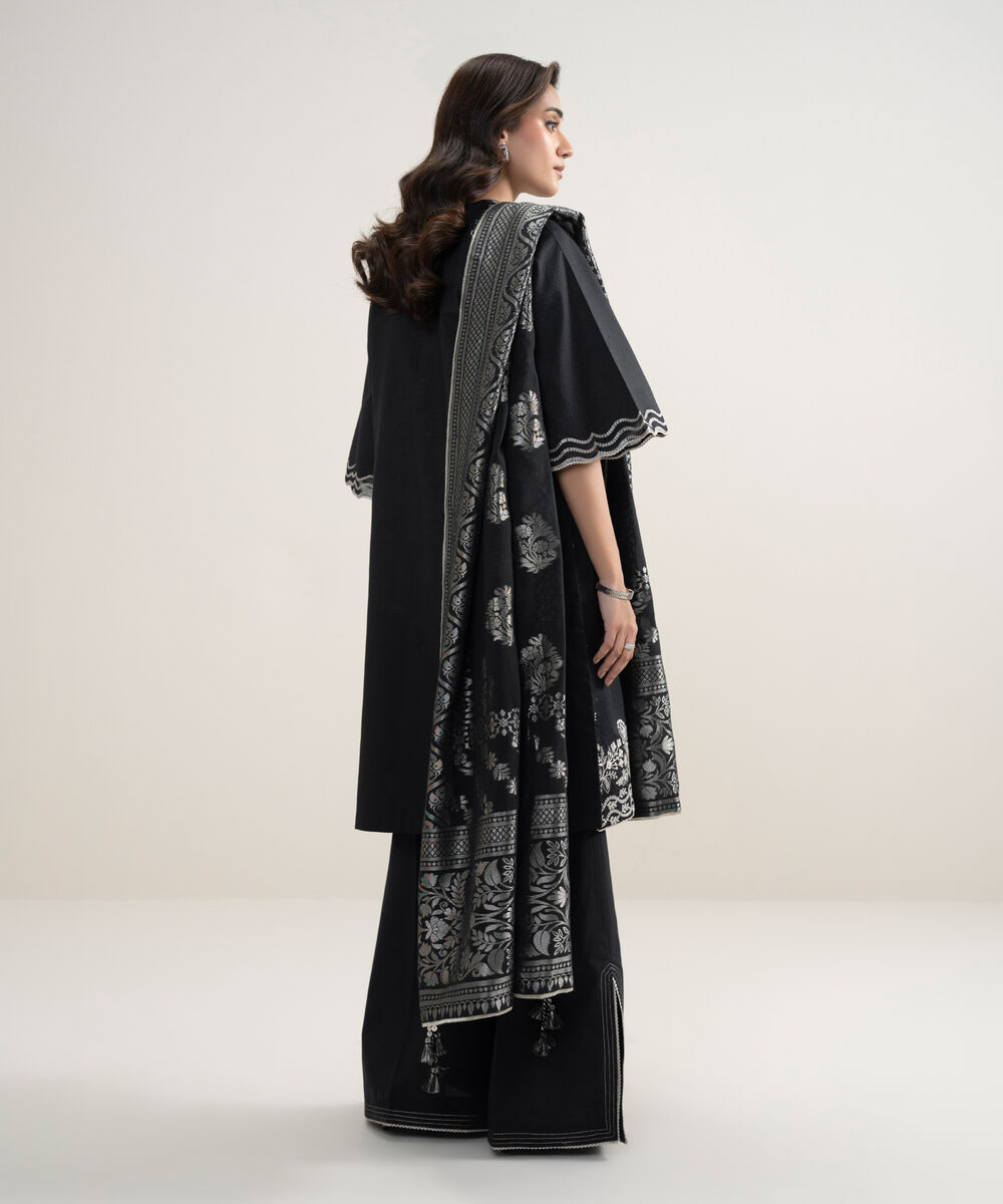 Women's Unstitched Dobby Embroidered Black 3 Piece Suit