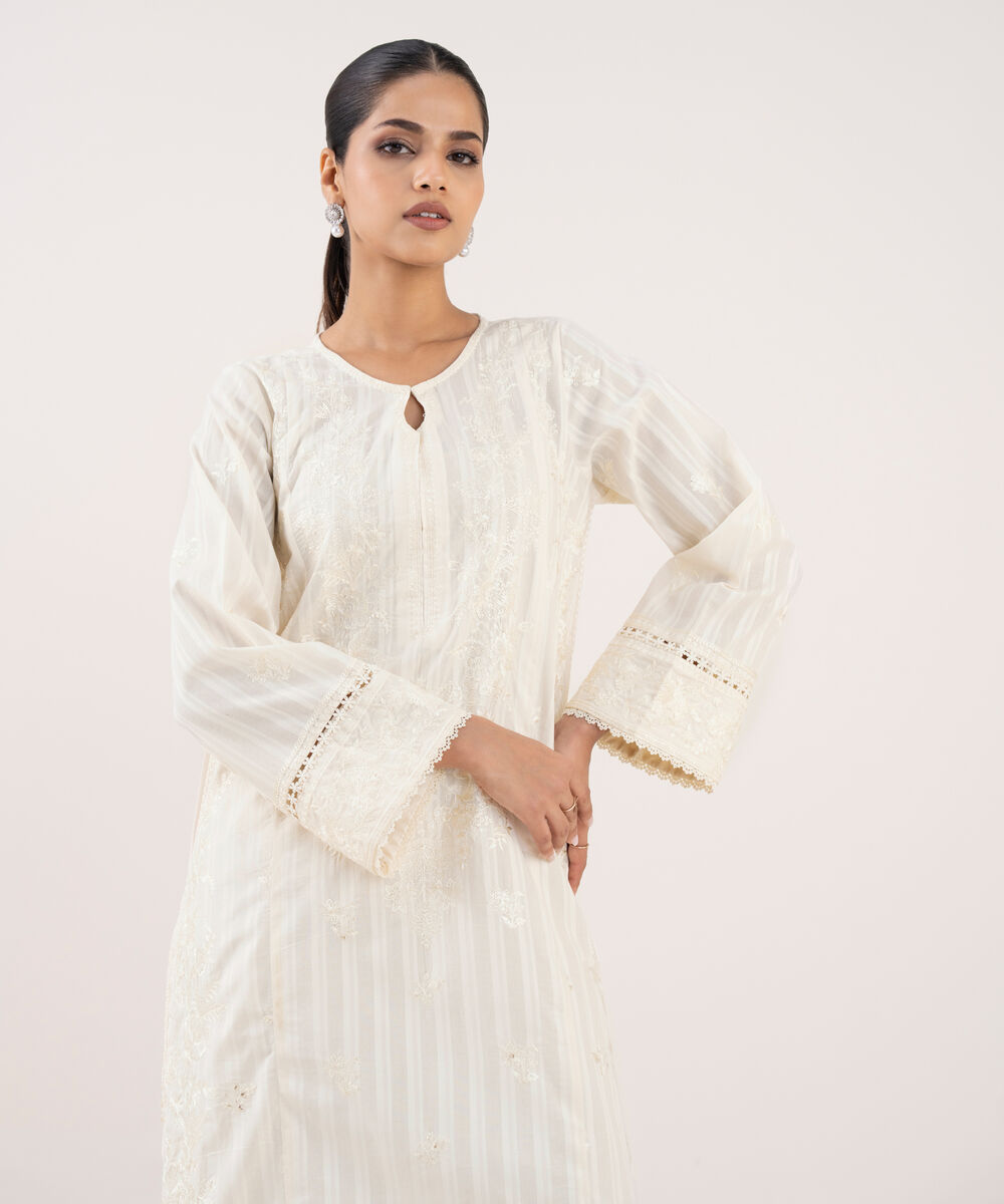 Women's RTW Textured Lawn Off White Embroidered A-Line Shirt