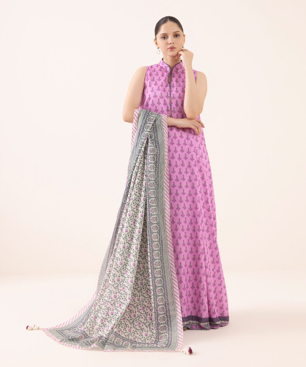 Women's Unstitched Arabic Lawn Printed Pink 3 Piece Suit