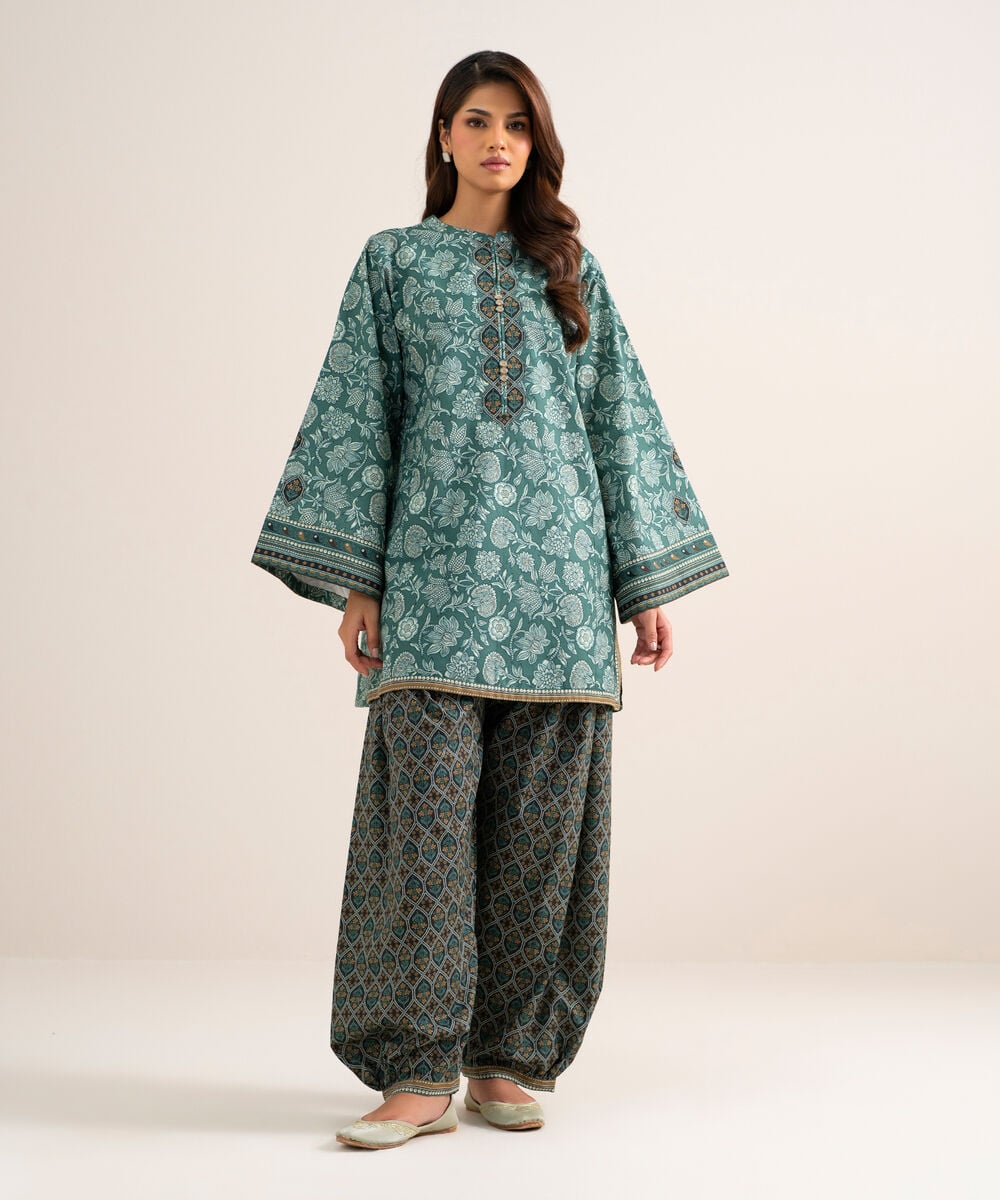 Women's Unstitched Cotton Printed Blue  2 Piece Suit