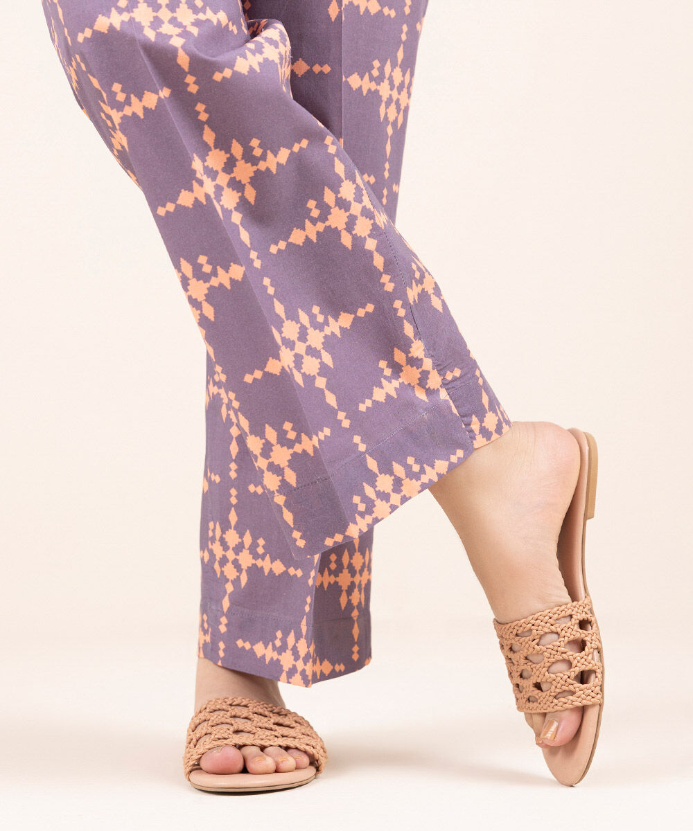 Woman - Purple Printed Cambric Straight Pants
