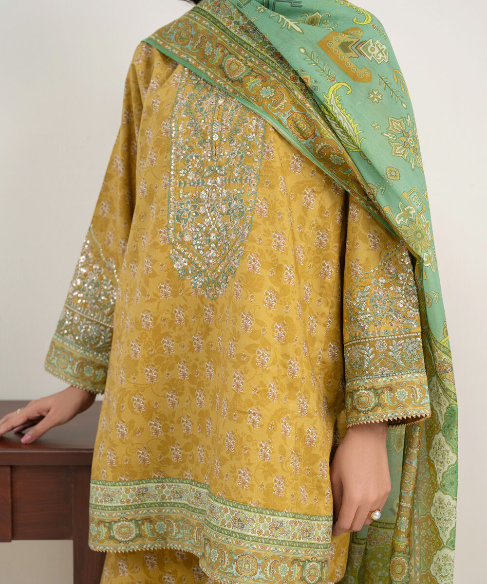 Women's Unstitched Lawn Embroidered Mustard 3 Piece Suit