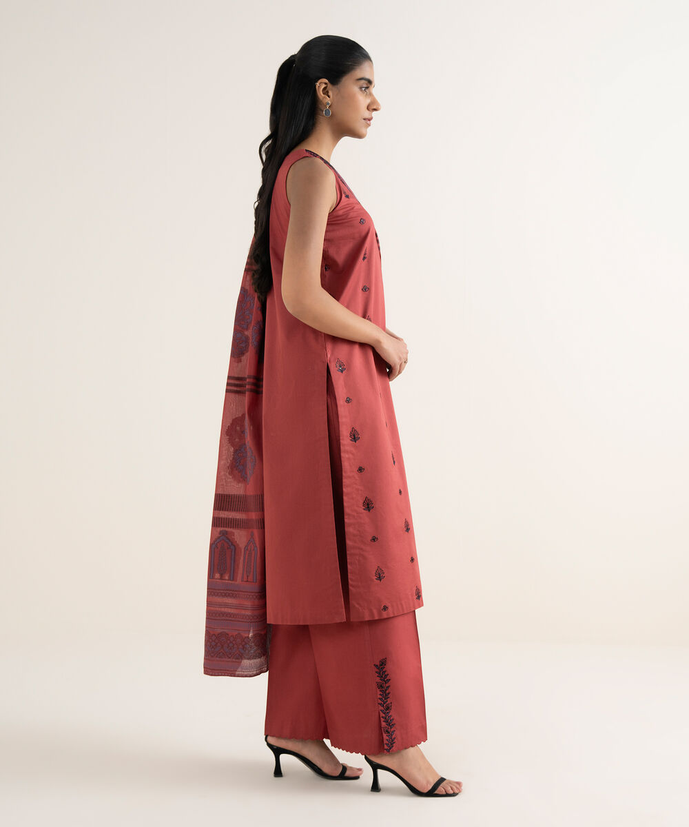 Women's Unstitched Cotton Embroidered Red 3 Piece Suit