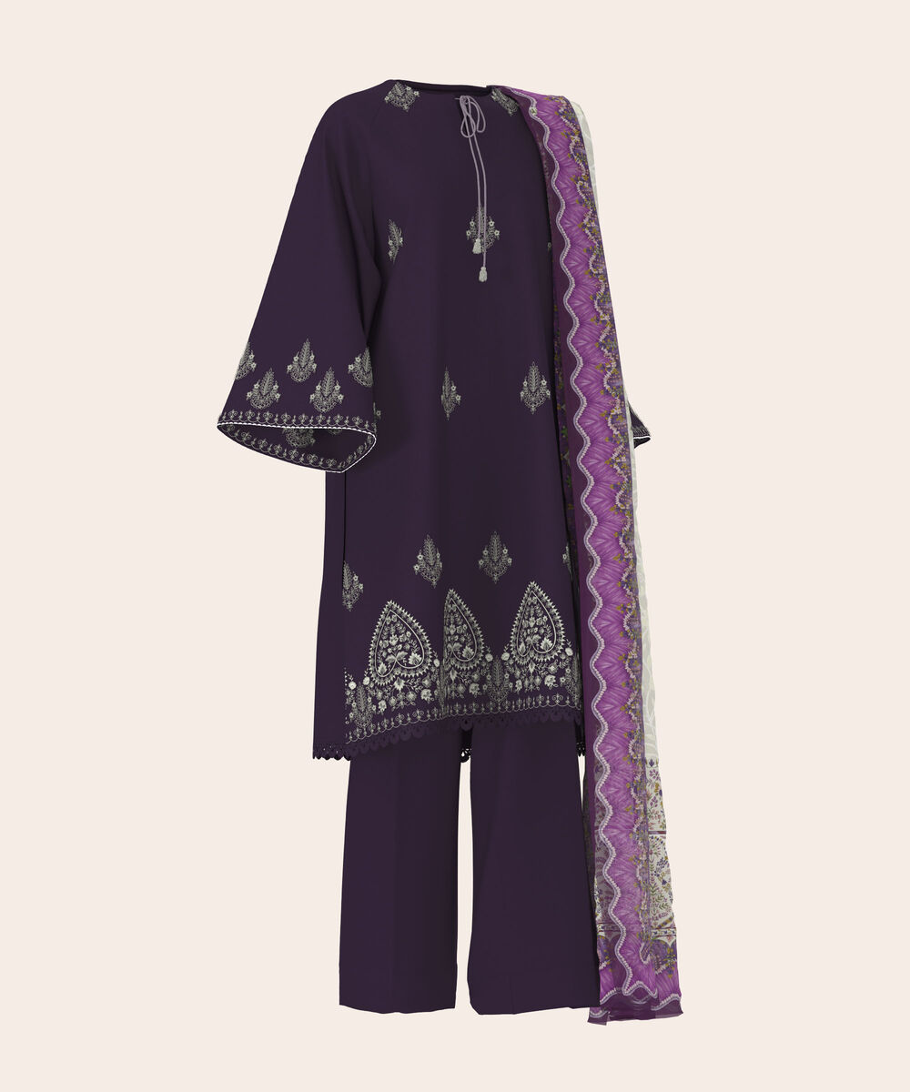 Women's Unstitched Lawn Dark Purple  Embroidered 3 Piece Suit